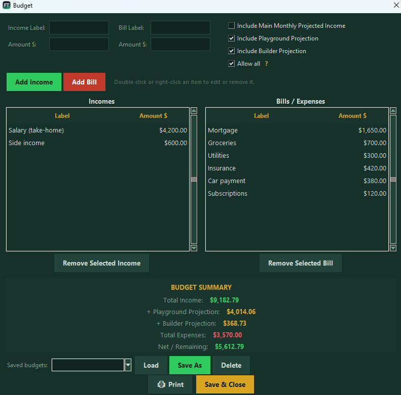 Budget — incomes, bills, and live net with projections folded in