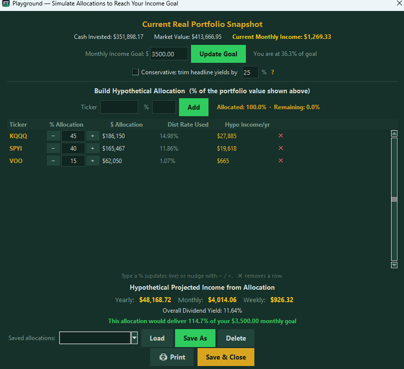 Playground — live hypothetical allocation table with projected income and Freedom Score
